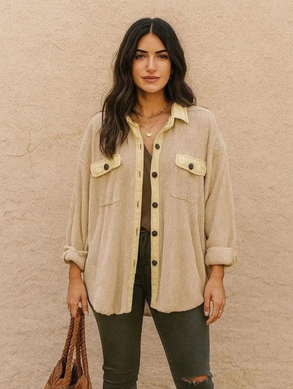 Urban Daizy Oversized Neutral Button-Up Shacket - Beige